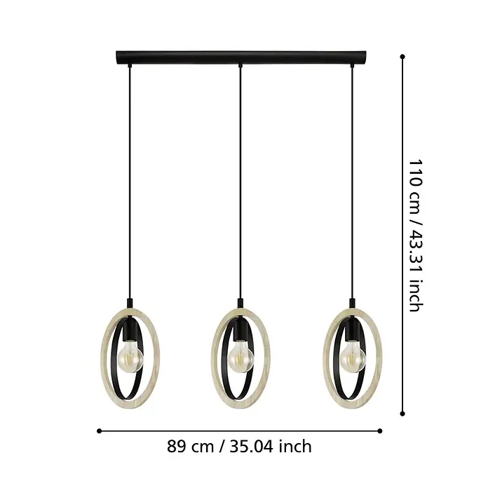 Eglo Basildon Hängelampe - 120 W, Ø x H: 16 x 110 cm, Schwarz, E27 - Moderne dreiflammige Pendelleuchte mit schwarzer Leiste, schwarzen Kabeln und ovalen Leuchten aus Schwarz und hellem Holz.