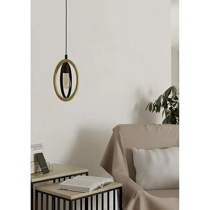 Eglo Basildon Hängelampe - 40 W, Ø x H: 19 x 110 cm, Schwarz, Braun, E27 - Moderne Pendelleuchte mit rundem Holz- und Schwarzmetallrahmen und sichtbarer Glühbirne, die einen gemütlichen Wohnraum erhellt.