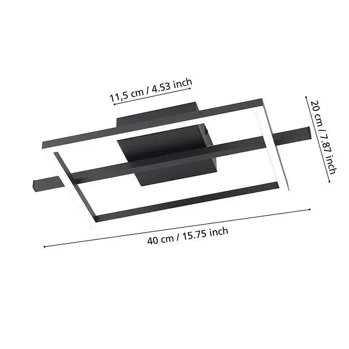 Eglo LED-Deckenleuchte Amondolo - 17 W, L x B x H: 40 x 20 x 6,5 cm, Schwarz, RGBW - Schwarze rechteckige LED-Deckenleuchte mit den Maßen 40 cm (L), 20 cm (B) und 11,5 cm (H).