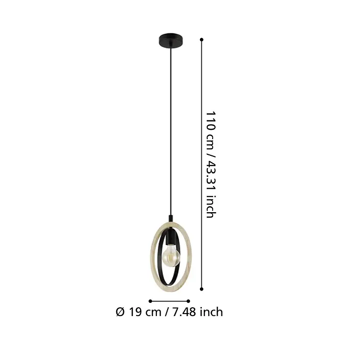 Eglo Basildon Hängelampe - 40 W, Ø x H: 19 x 110 cm, Schwarz, Braun, E27 - Hängelampe mit ovalen Rahmen aus schwarzem Metall und Naturholz und einer sichtbaren Glühbirne.