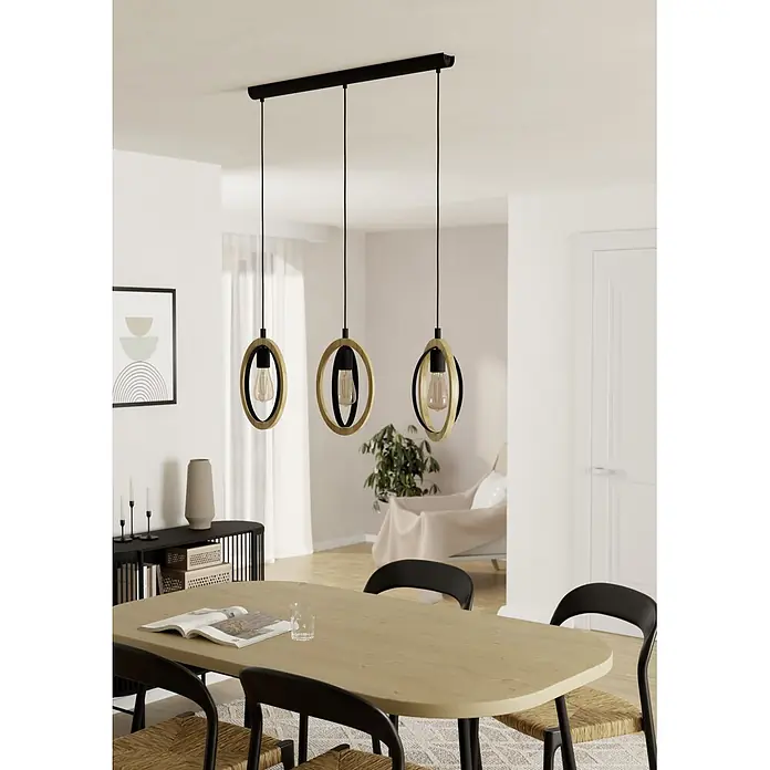 Eglo Basildon Hängelampe - 120 W, Ø x H: 16 x 110 cm, Schwarz, E27 - Drei schwarze Pendelleuchten mit Holzringen über einem Esstisch.