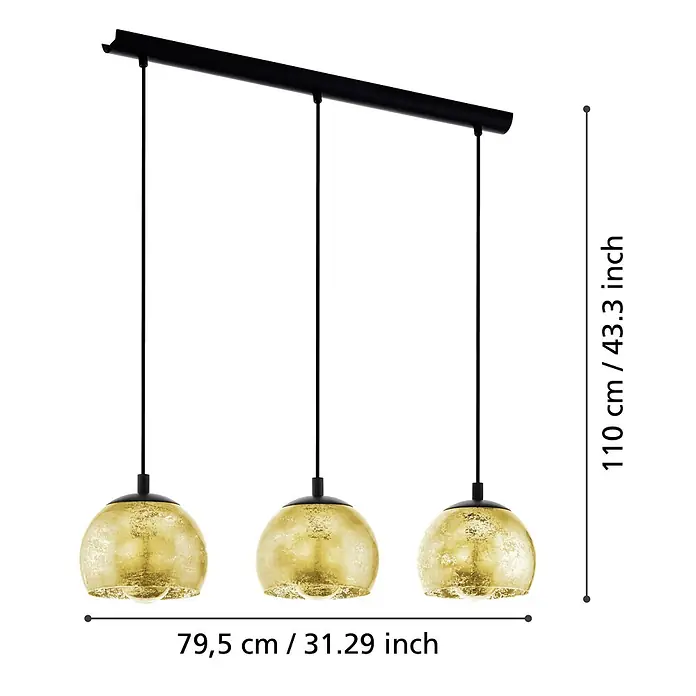 Eglo Pendelleuchte Albraccin - L x B x H: 78 x 19 x 110 cm, E27, Anzahl Leuchtmittel: 3 Stk. - Dreiflammige Pendelleuchte mit goldenen strukturierten Glasschirmen an schwarzer Stange, Maße angezeigt.