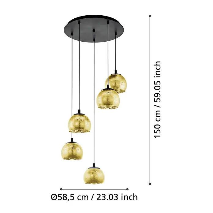 Eglo Pendelleuchte rund - 40 W, Ø x H: 58,5 x 150 cm, Schwarz - Fünfflammige Pendelleuchte mit goldfarbenen Glaskugeln an schwarzer runder Platte, 150 cm hoch, 58,5 cm Durchmesser.