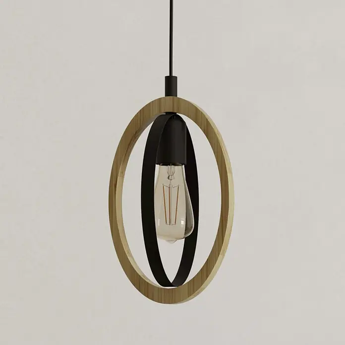 Eglo Basildon Hängelampe - 40 W, Ø x H: 19 x 110 cm, Schwarz, Braun, E27 - Hängeleuchte aus Holz und schwarzem Metall mit ovalem Design und sichtbarer Edison-Birne.
