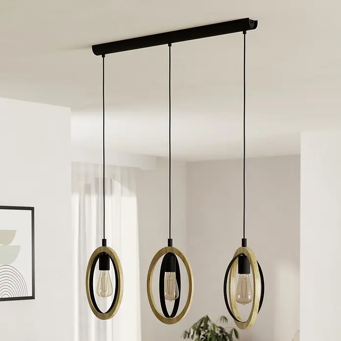 Eglo Basildon Hängelampe - 120 W, Ø x H: 16 x 110 cm, Schwarz, E27 - Dreiflammige Pendelleuchte mit schwarzem Balken. Jedes Licht hat eine schwarze Fassung und zwei Holzringe mit sichtbaren Vintage-Glühbirnen.