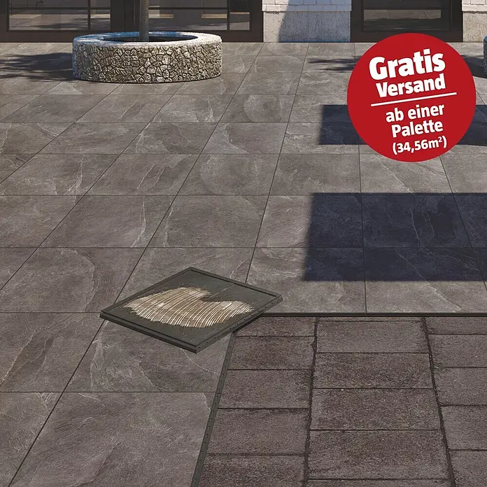 Terrassenfliese Click and Go Trend Black - 60 x 60 cm, Schwarz, Matt - Dunkelgraue, marmorierte Outdoor-Pflasterplatten in Steinoptik, ideal für Terrassen und Wege.
