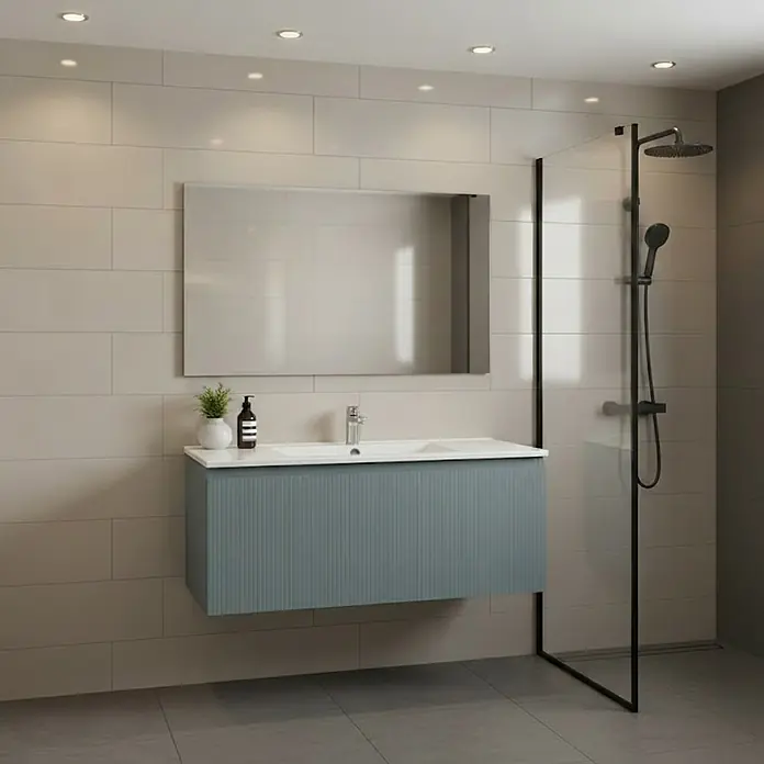 Conjunto de mueble de baño Cristal - Ancho: 100 cm, Azul, 3 pzs., Número de cajones: 1 ud. - Mueble de baño flotante azul verdoso con frontal acanalado y lavabo blanco integrado.