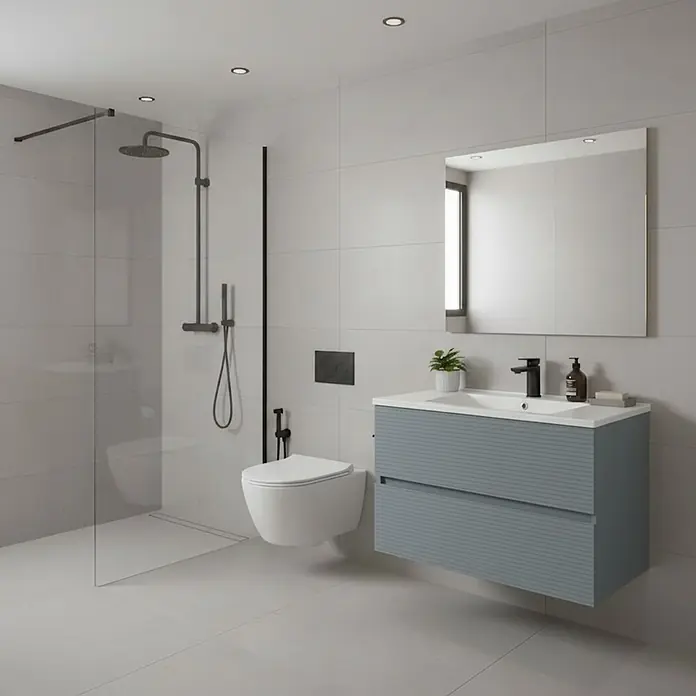 Conjunto de mueble de baño Cristal - Ancho: 100 cm, Azul, 3 pzs., Número de cajones: 2 ud. - Mueble de baño moderno de pared con cajones acanalados azul-gris, lavabo blanco integrado y grifo negro.