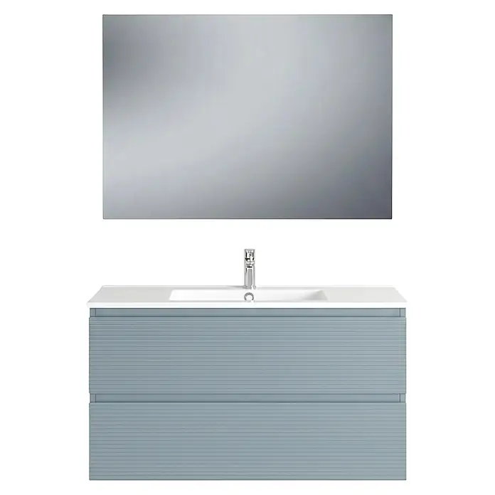 Conjunto de mueble de baño Cristal - Ancho: 100 cm, Azul, 3 pzs., Número de cajones: 2 ud. - Tocador azul gris claro con lavabo blanco integrado, grifo cromado y espejo rectangular.