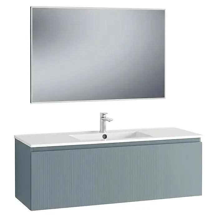 Conjunto de mueble de baño Cristal - Ancho: 120 cm, Azul, 3 pzs., Número de cajones: 1 ud. - Espejo rectangular sobre lavabo blanco y mueble de baño gris acanalado con grifo cromado.