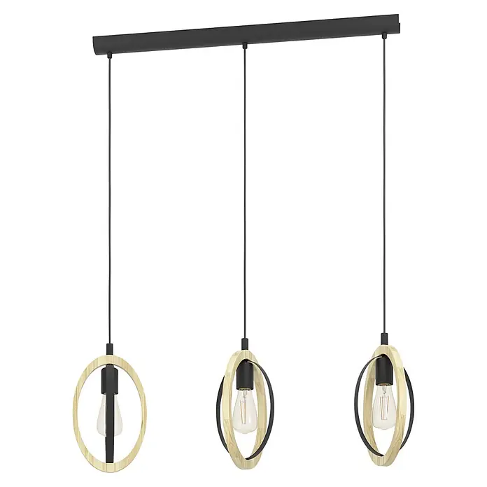Eglo Basildon Hängelampe - 120 W, Ø x H: 16 x 110 cm, Schwarz, E27 - Lineare Pendelleuchte mit drei Lampenschirmen aus Holz und schwarzen Ringen, jeweils mit einer Edison-Glühbirne.