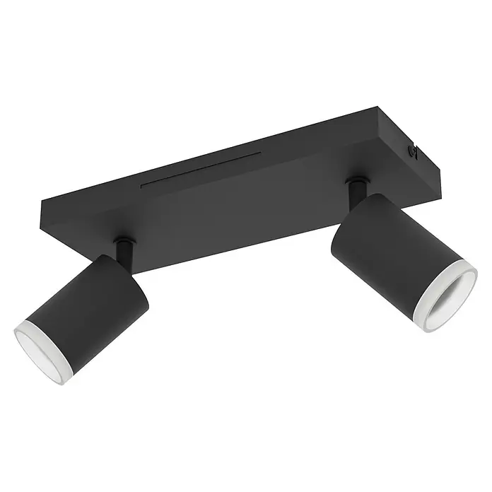 Eglo LED-Deckenstrahler Melitello-Z - 3,2 W, L x B x H: 25 x 10,5 x 8 cm, Schwarz - Schwarze rechteckige Deckenleuchte mit zwei verstellbaren zylindrischen Strahlern, innen weiß.