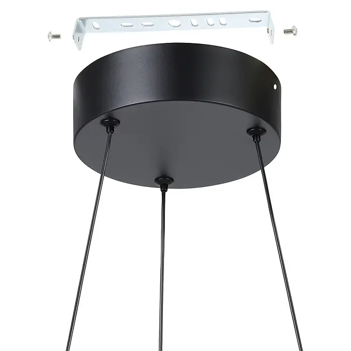 Eglo LED-Pendelleuchte rund - Ø x H: 48 x 110 cm, Schwarz, Warmweiß - Schwarze runde Deckenrosette mit drei schwarzen Kabeln und weißem Metall-Montagebügel sowie Schrauben für Pendelleuchte.