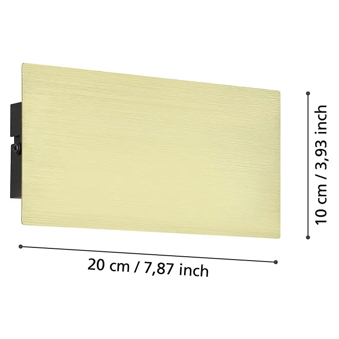 Eglo Talamello LED-Wandleuchte - 6 W, L x H: 20 x 10 cm, Gold, Warmweiß - Rechteckige, flache Wandleuchte aus gebürstetem Messing, montiert an einer schwarzen Halterung.