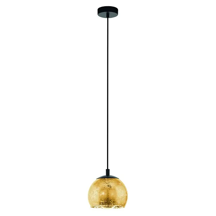 Eglo Pendelleuchte rund - 40 W, Ø x H: 19 x 110 cm, Schwarz - Schwarze Pendelleuchte mit langem Stiel und strukturiertem, goldenem, organisch geformtem Schirm.