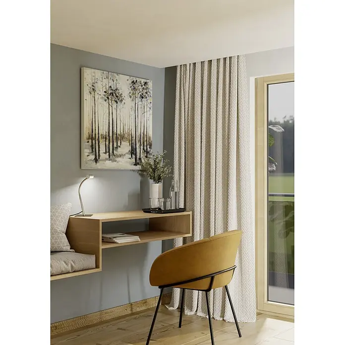 Eglo LED-Tischleuchte Riccione - 5 W, L x B x H: 30 x 19 x 39,5 cm, Nickel, Warmweiß - Heller Holz-Schreibtisch mit integrierter Bank und Ablage, dazu ein senfgelber Stuhl in einem Heimbüro.