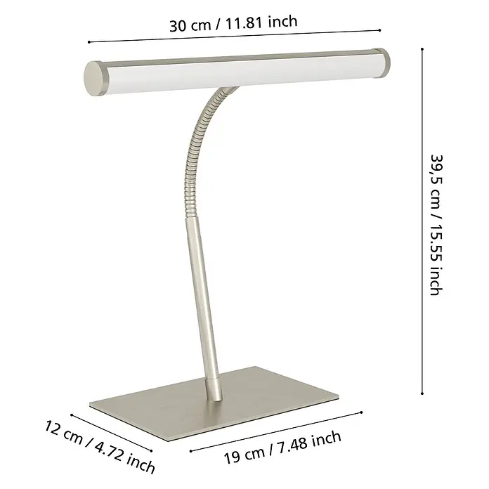 Eglo LED-Tischleuchte Riccione - 5 W, L x B x H: 30 x 19 x 39,5 cm, Nickel, Warmweiß - Maßskizze einer gebürsteten, silbernen linearen Tischlampe mit flexiblem Schwanenhals und rechteckigem Fuß.