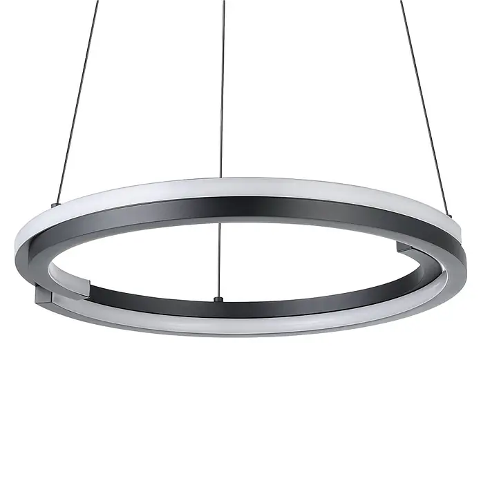 Eglo LED-Pendelleuchte rund - Ø x H: 48 x 110 cm, Schwarz, Warmweiß - Moderne runde LED-Pendelleuchte mit zwei überlappenden dunkelgrauen Ringen und weißen Diffusoren, von der Decke abgehängt.