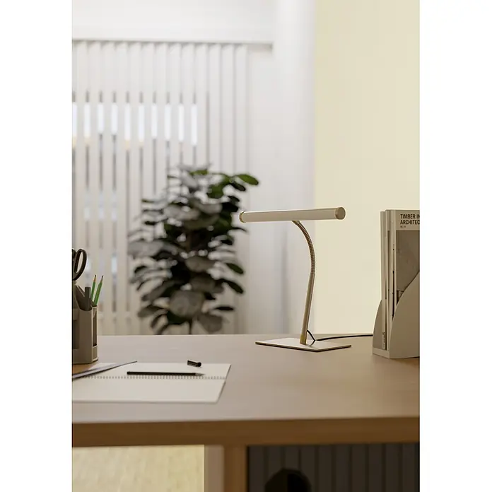 Eglo LED-Tischleuchte Riccione - 5 W, L x B x H: 30 x 19 x 39,5 cm, Nickel, Warmweiß - Moderner Schreibtisch mit beiger Flexlampe, Notizbuch und Büromaterial.