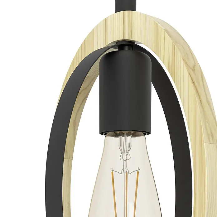 Eglo Basildon Hängelampe - 40 W, Ø x H: 19 x 110 cm, Schwarz, Braun, E27 - Nahaufnahme einer Pendelleuchte mit schwarzen Metall- und hellen Holz-Akzenten, mit freiliegender Edison-LED-Birne.