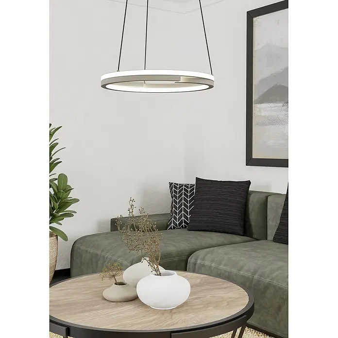 Eglo LED-Pendelleuchte rund Mezzomonte - 20 W, Ø x H: 48 x 110 cm, Sandfarben, Warmweiß - Eine moderne, kreisförmige LED-Pendelleuchte mit grauem Rahmen und weißem Diffusor, von der Decke hängend.
