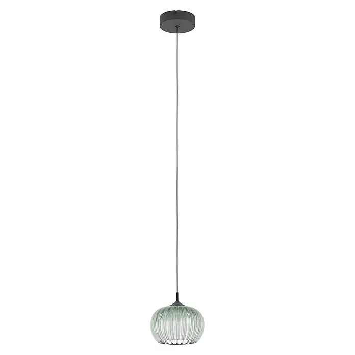 Eglo LED-Pendelleuchte rund - 5,3 W, Ø x H: 20 x 110 cm, Grün, Schwarz, Warmweiß - Hängelampe mit dunkelgrauem Baldachin, schwarzem Kabel und geripptem hellgrünem Glasschirm.