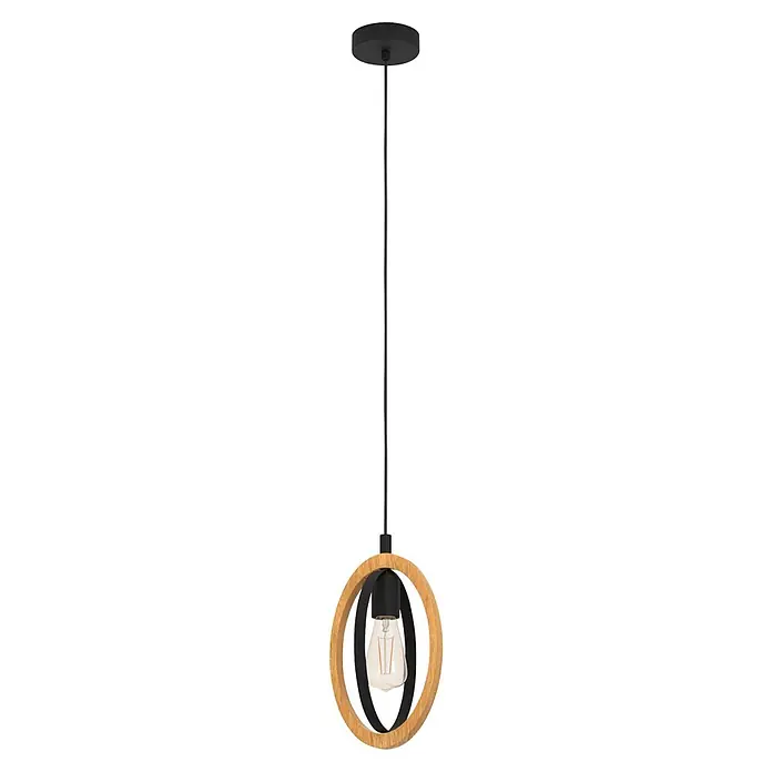 Eglo Basildon Hängelampe - 40 W, Ø x H: 19 x 110 cm, Schwarz, Braun, E27 - Pendelleuchte mit schwarzem Baldachin und Kabel, hellem Holzring, schwarzem Innenrahmen und sichtbarer Glühfadenlampe.
