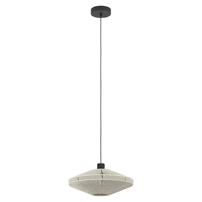 Eglo Pendelleuchte rund - 40 W, Ø x H: 38 x 110 cm, Schwarz - Schwarze Pendelleuchte mit flachem, breitem, hellem Schirm aus geflochtener Kordel oder Makramee.