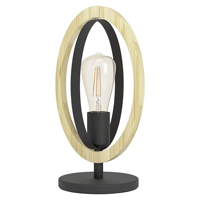 Eglo Basildon Tischleuchte - 40 W, L x B x H: 19 x 16 x 34,5 cm, E27 - Tischleuchte mit hellem Holz und dunkelgrauen Ringen, ausgestattet mit einer Vintage-LED-Birne und einem runden Fuß.