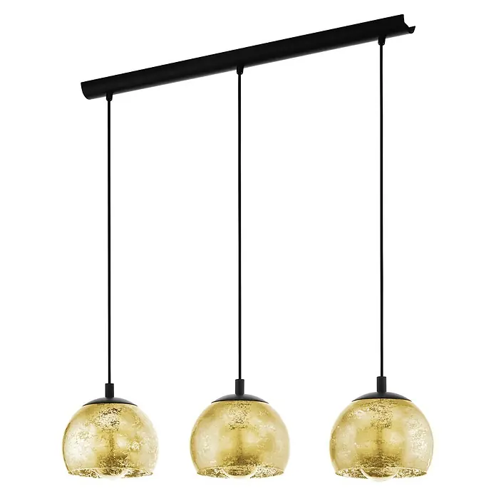 Eglo Pendelleuchte Albraccin - L x B x H: 78 x 19 x 110 cm, E27, Anzahl Leuchtmittel: 3 Stk. - Dreiflammige Pendelleuchte mit goldenen, strukturierten Glaskugeln an schwarzer Stange.
