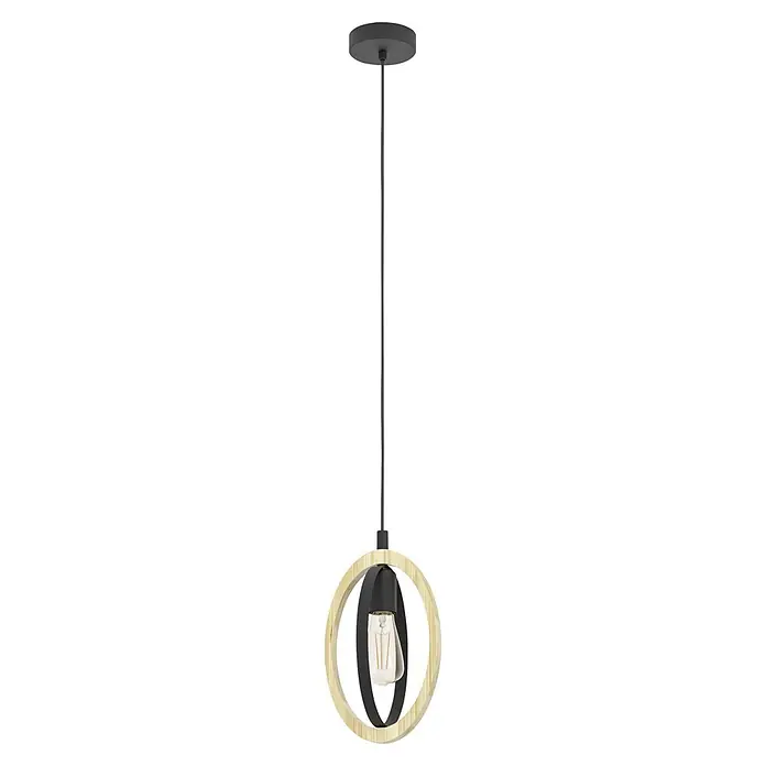 Eglo Basildon Hängelampe - 40 W, Ø x H: 19 x 110 cm, Schwarz, Braun, E27 - Hängelampe mit schwarzem Kabel, hellem Holzring, schwarzen Metallakzenten und einer sichtbaren Glühbirne.