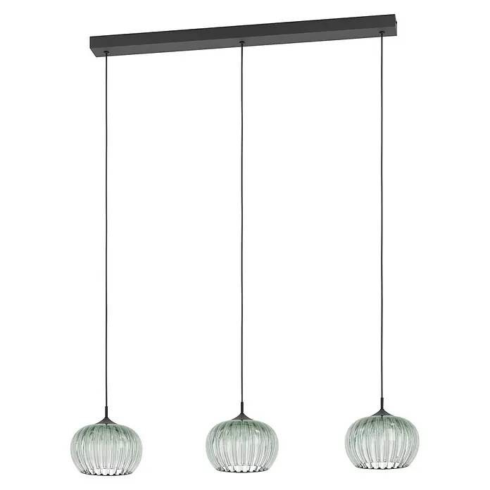 Eglo LED-Pendelleuchte - 5,3 W, L x B x H: 77 x 20 x 110 cm, Grün, Schwarz, Warmweiß - Drei hellgrüne gerippte Glas-Pendelleuchten hängen an einer dunkelgrauen rechteckigen Deckenleiste.