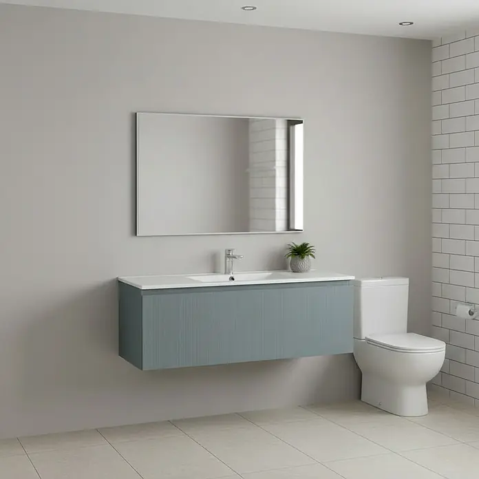 Conjunto de mueble de baño Cristal - Ancho: 120 cm, Azul, 3 pzs., Número de cajones: 1 ud. - Mueble de baño azul-gris suspendido con frentes acanalados y lavabo blanco integrado.