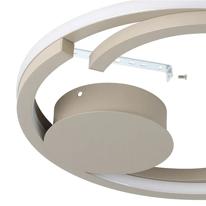Eglo LED-Deckenleuchte rund Mezzomonte - 20 W, Ø x H: 48 x 5 cm, Sandfarben, Warmweiß - Beige/taupe Deckenleuchte mit gebogenen LED-Streifen, demontiert mit einer silbernen Montagehalterung und Schraube.