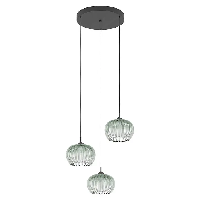 Eglo LED-Pendelleuchte rund - Ø x H: 42,5 x 110 cm, Grün, Schwarz, Warmweiß - Dreiflammige Pendelleuchte mit klaren gerippten Glasschirmen und einer dunkelgrauen runden Deckenplatte.