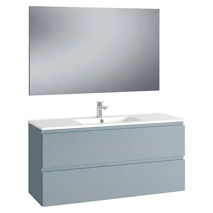 Conjunto de mueble de baño Cristal - Ancho: 120 cm, Azul, 3 pzs., Número de cajones: 2 ud. - Mueble de baño gris claro con dos cajones texturizados, lavabo blanco integrado, grifo cromado y espejo rectangular.
