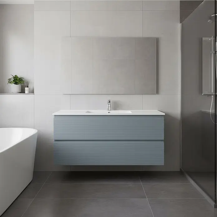 Conjunto de mueble de baño Cristal - Ancho: 120 cm, Azul, 3 pzs., Número de cajones: 2 ud. - Mueble de baño suspendido azul-gris claro acanalado con doble lavabo.