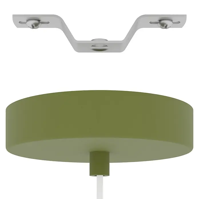 Eglo Pendelleuchte rund - 40 W, Grün/ Weiß - Olivgrüne zylindrische Deckenrosette mit weißem Kabel und einem silbernen V-förmigen Befestigungsbügel.