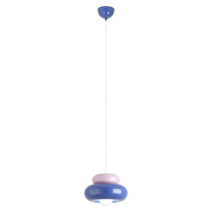 Eglo Pendelleuchte rund - 60 W, Ø x H: 25 x 110 cm, Blau/ Rosa - Zweifarbige Pendelleuchte in Lavendel und Hellrosa, mit gestapelten abgerundeten Scheiben und sichtbarer Lichtquelle, an einem weißen Kabel.