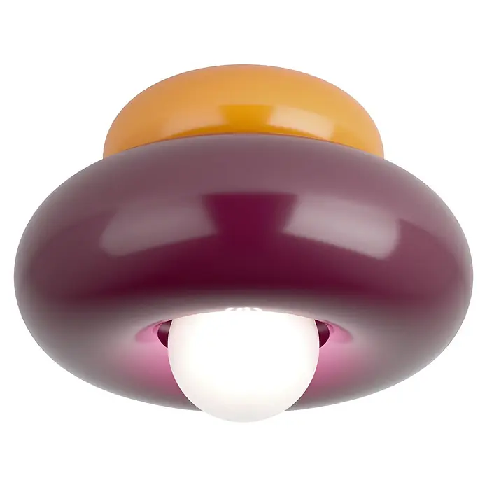 Eglo Deckenleuchte rund Torchiarolo - 60 W, Ø x H: 25 x 15 cm, Bordeaux - Glänzende, futuristische Deckenlampe mit orangefarbenem Oberteil, dunkelviolettem Körper und weißer Glühbirne.