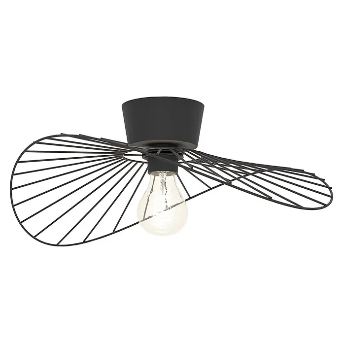 Eglo Deckenleuchte rund Arroturas - 40 W, Ø x H: 56 x 17,5 cm, Schwarz - Schwarze Metall-Deckenleuchte mit offenem Drahtspiral-Schirm und sichtbarer Glühbirne.