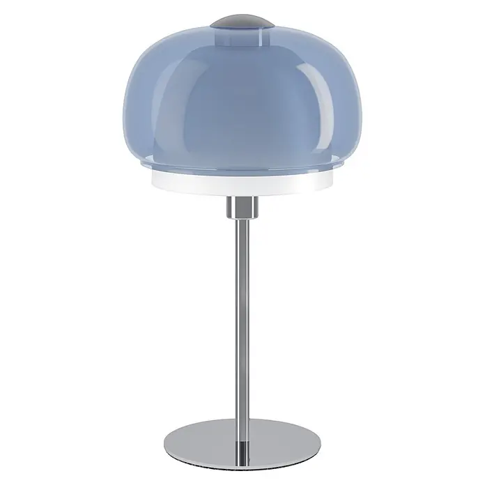 Eglo Tischleuchte Belomontejo - 40 W, L x B x H: 30 x 3 x 110 cm, Chrom/ Weiß/ Blau, E14 - Eine moderne Tischleuchte mit einem durchscheinenden blauen kuppelförmigen Schirm, weißem Ring und Chromständer mit rundem Fuß.