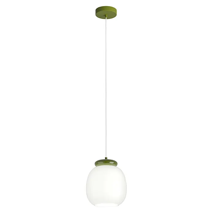 Eglo Pendelleuchte rund - 40 W, Grün/ Weiß - Grüne und weiße Pendelleuchte mit ovalem Schirm, an weißer Schnur hängend.
