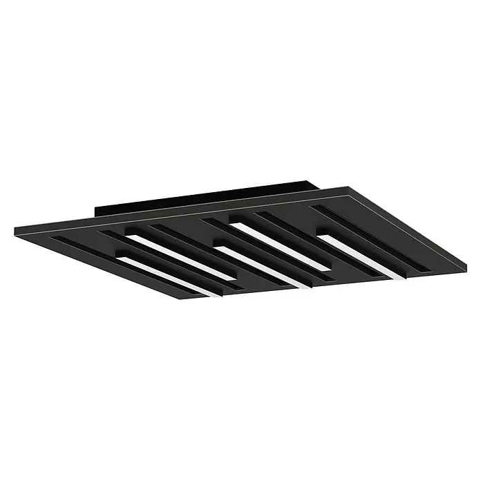 Eglo LED-Deckenleuchte Pitrignani-Z - 20 W, L x B x H: 38 x 38 x 5,5 cm, Schwarz, RGBW - Schwarze rechteckige LED-Deckenleuchte mit mehreren parallelen weißen Lichtleisten.