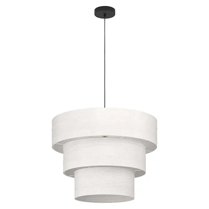Eglo Pendelleuchte rund - 25 W, Ø x H: 60 x 110 cm, Schwarz - Weiße Stoff-Hängeleuchte mit gestuften Schirmen, schwarzem Kabel und Deckenrosette.