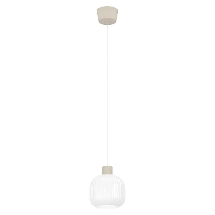Eglo Pendelleuchte rund - 60 W, Ø x H: 20 x 110 cm, Sandfarben - Weiße gerippte Pendelleuchte aus Glas mit beigefarbener Deckenrosette und Fassung.