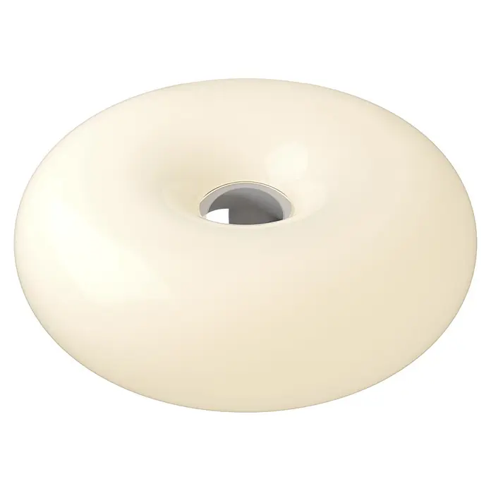 Eglo LED-Tischleuchte rund Basile - 8 W, Ø x H: 30 x 12 cm, Weiß, Warmweiß - Glänzendes, cremefarbenes Donut-förmiges Objekt mit reflektierendem silbernem Zentrum.