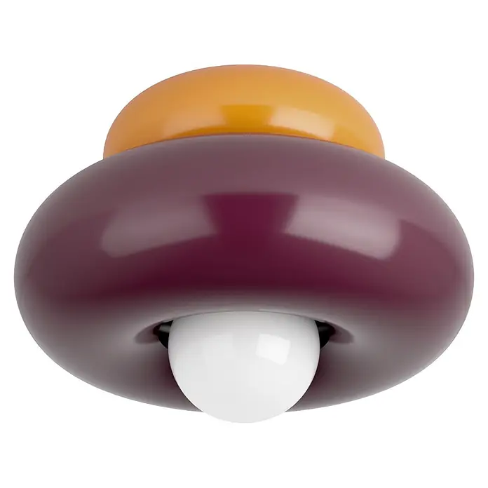 Eglo Deckenleuchte rund Torchiarolo - 60 W, Ø x H: 25 x 15 cm, Bordeaux - Glänzendes, pilzförmiges Objekt mit oranger Kappe, burgunderfarbenem Korpus und einer weißen Kugel, die aus dem Boden ragt.