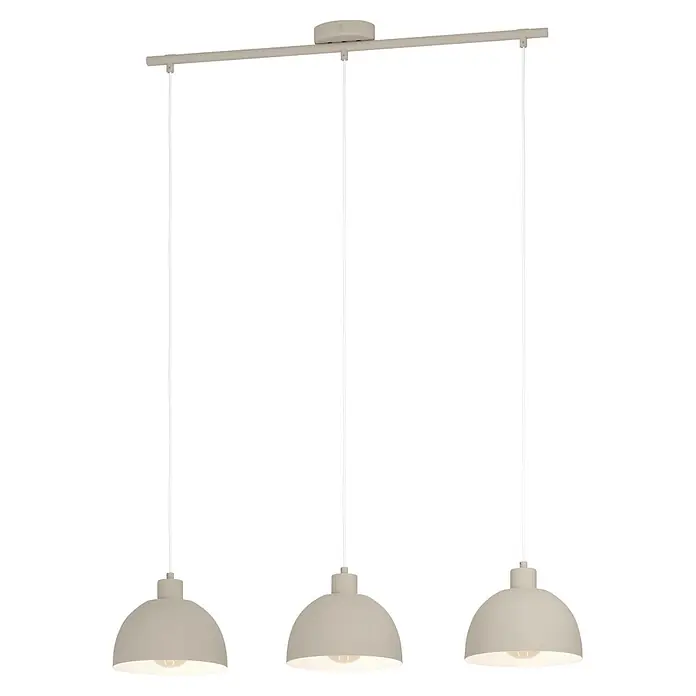 Eglo Pendelleuchte rund - 40 W, Ø x H: 38 x 110 cm, Sandfarben - Drei cremefarbene Pendelleuchten mit Kuppelschirm an einer horizontalen Schiene.