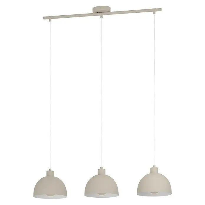 Eglo Pendelleuchte rund - 40 W, Ø x H: 38 x 110 cm, Sandfarben - Drei cremefarbene Pendelleuchten aus Metall, an einer horizontalen Stange hängend.